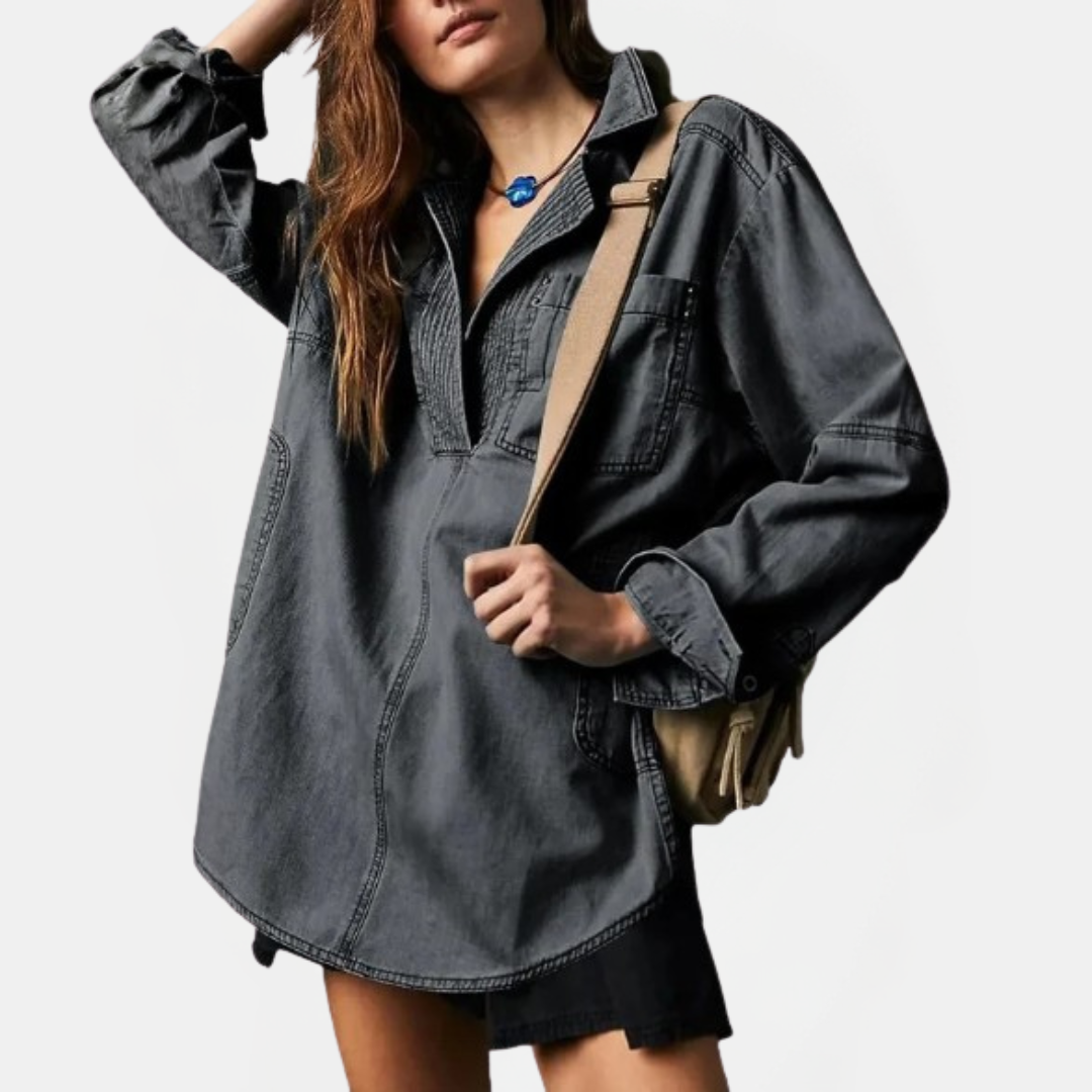 Camicia pullover in denim oversize con scollo a V da donna