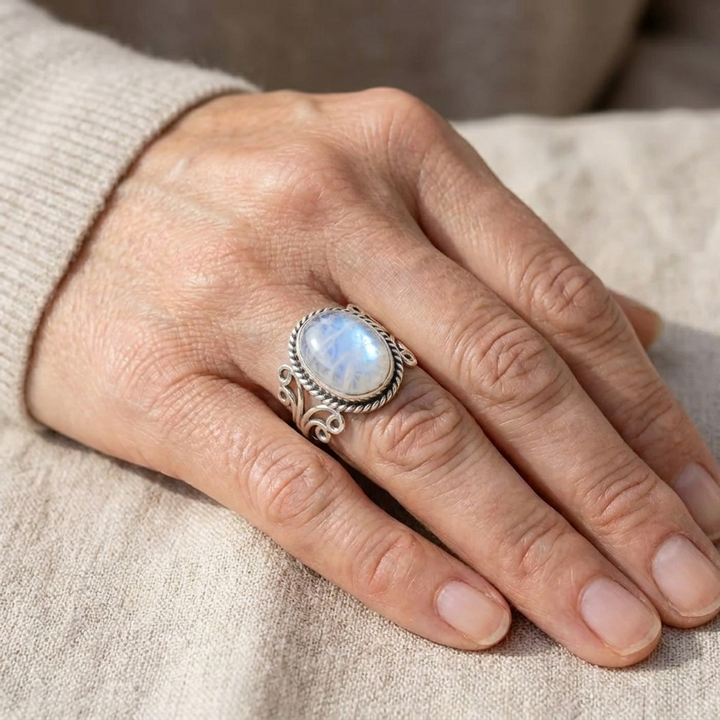 Bague ovale en pierre de lune avec motif en spirale
