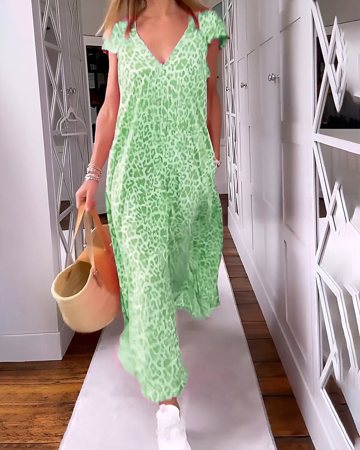 VÉRONIQUE | ROBE LONGUE À COL EN V ET MANCHES COURTES