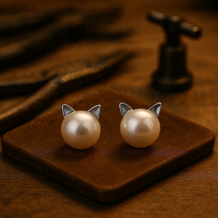 Boucles d'oreilles en argent sterling avec perle en forme de chat
