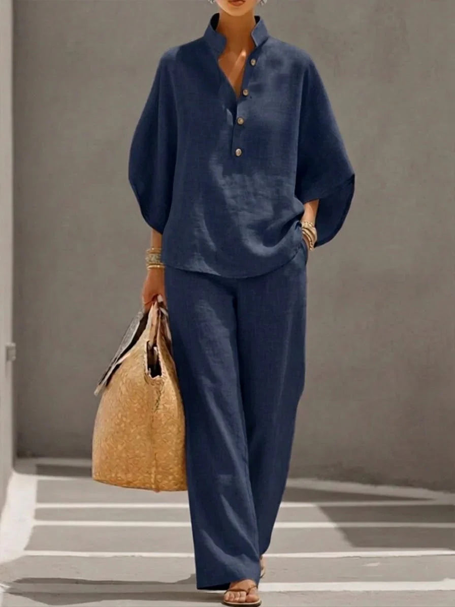 Maribel™ | Ensemble en lin à manches chauve-souris et pantalon large
