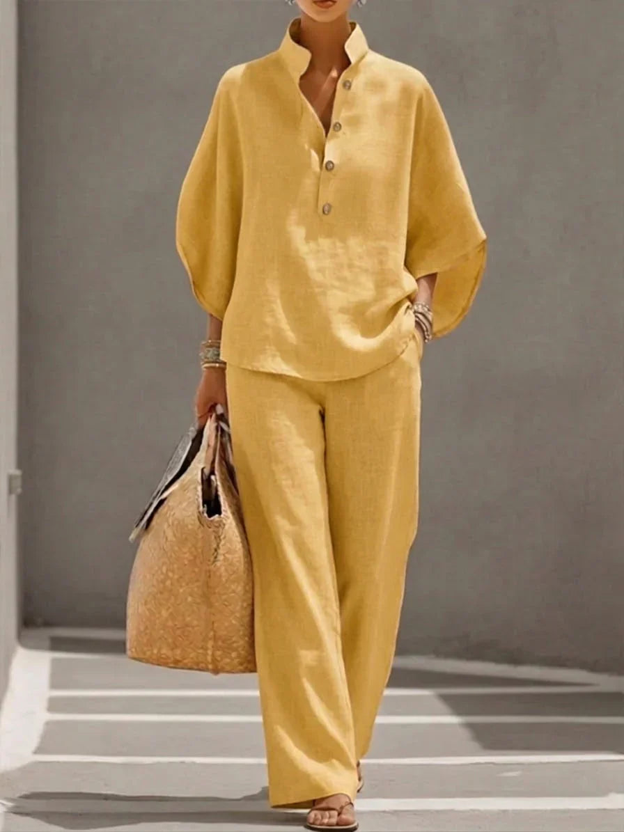 Maribel™ | Ensemble en lin à manches chauve-souris et pantalon large