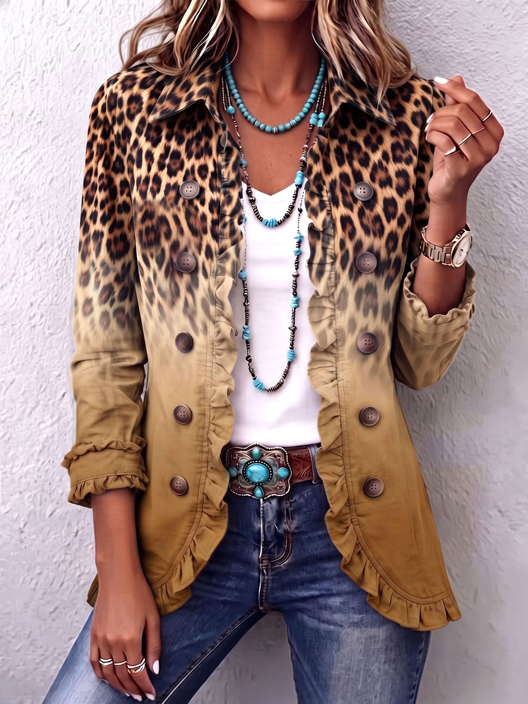 Mercedes | Giacca blazer con motivo leopardato e volant
