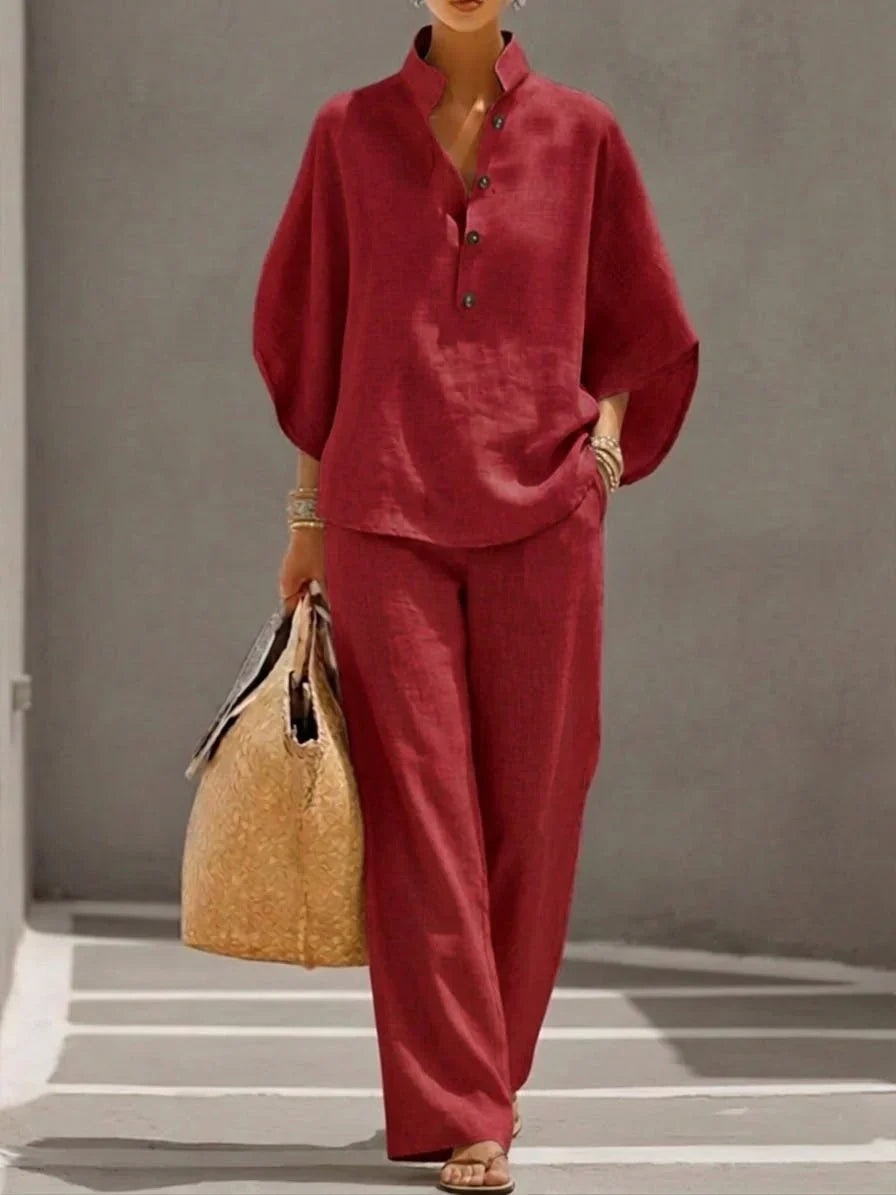 Maribel™ | Ensemble en lin à manches chauve-souris et pantalon large