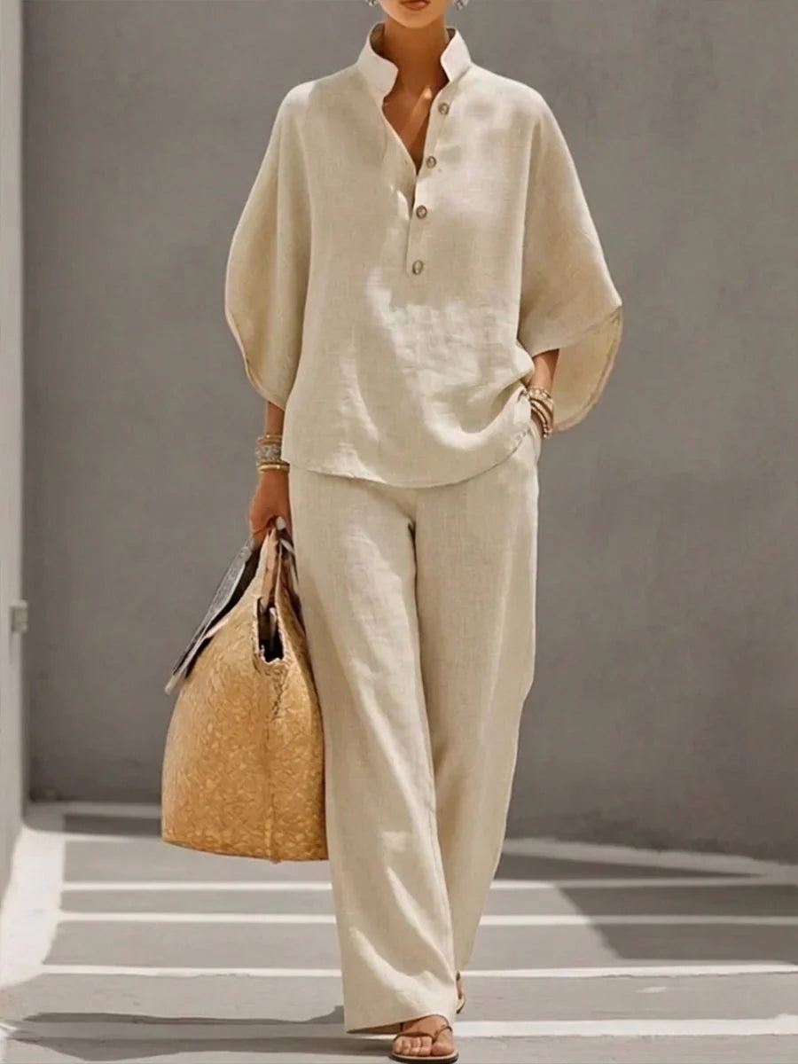 Maribel™ | Ensemble en lin à manches chauve-souris et pantalon large