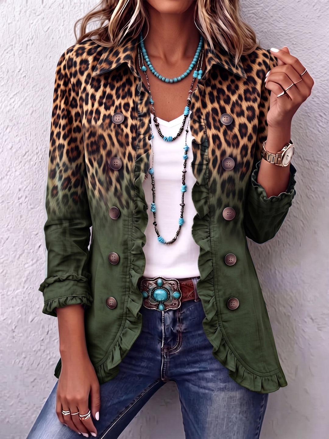 Mercedes | Giacca blazer con motivo leopardato e volant